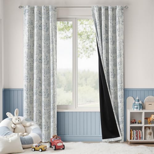 jinchan Blue Blackout Curtains W38xL84 Woodland Back Tab 2 Panels - color: Blue on Beige, size: 38"W x 84"L (Pack of 2)