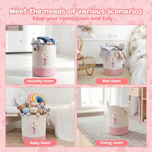 Honeydak Pink Bow Cotton Rope Laundry Basket Hamper, Flower - style: Flower
