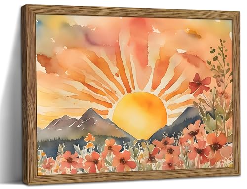 Framed Sunset Boho Wall Art for Living Room - Modern Abstract Floral Canvas Picture Boho Wall Decor, Sun Landscape Aesthetic Painting Poster Prints for Bedroom Home Office 16x24 inch - color: Sunset glow, size: 24"L x 16"W