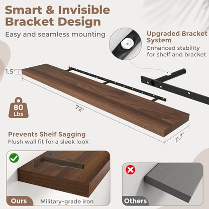 72 Inch Floating Shelves, 12"Deep Wall Shelf, 80 Lbs Capacity, Walnut, 2pcs - color: Walnut, size: 72"Wx12"Dx1.5"H