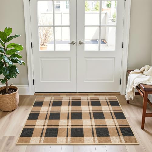 AROGAN 2x3 Checkered Jute Mat, Washable Non-Slip Farmhouse Rug, Black/Brown - color: Nature, size: 2' x 3' (Rectangular)