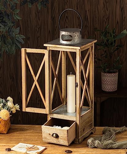 TIMRIS Large Farmhouse Wooden Candle Lantern Set of 2, Rustic Floor Candle Lanterns with Drawer, Vintage Hurricane Lantern Holder for Indoor Outdoor Decor (No Glass) - color: Brown With Drawer