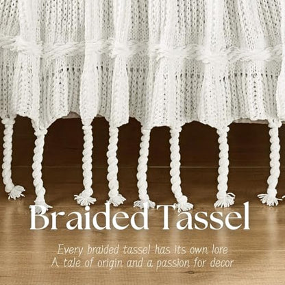 Boho Knitted Chenille Blanket with Tassels - Lightweight & Soft All-Season Throw - 3D Classic Pattern for Living Room Bedroom Couch, Cloud White, Queen 90"x90" - color: Cloud White, size: Queen