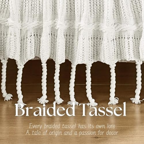 Boho Knitted Chenille Blanket with Tassels - Lightweight & Soft All-Season Throw - 3D Classic Pattern for Living Room Bedroom Couch, Cloud White, Throw 50"x60" - color: Cloud White, size: Throw