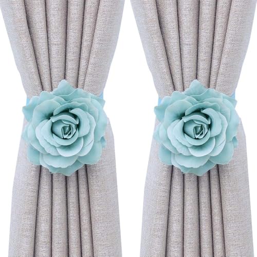 Magnetic Curtain Tiebacks, Rose Flower Tie Backs Rope for Curtains, Elegant 2 Pack Decorative Holdbacks Holders, Home Decor Thin or Sheer Window Drapries Bed Canopy (Sky Blue) - color: Sky Blue-2pack