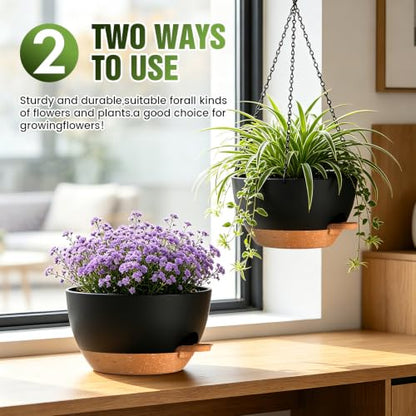 13 Inch Large Self Watering Hanging Planters 2 Pack with Saucers - color: Black Brown, size: 13 Inch 2 Pack