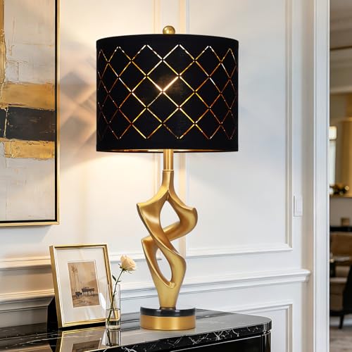 Ruzectt 29" Tall Black and Gold Table Lamp for Living Room, 3 Color Temperatures Bedside Lamp for Bedroom Nightstand, Modern Sculptural Resin Lamp with Grid Shade (1 LED Bulb Included) - color: Black & Gold (1 Pack)