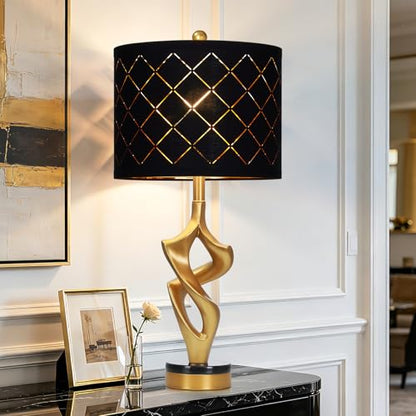 Ruzectt 29" Tall Black and Gold Table Lamp for Living Room, 3 Color Temperatures Bedside Lamp for Bedroom Nightstand, Modern Sculptural Resin Lamp with Grid Shade (1 LED Bulb Included) - color: Black & Gold (1 Pack)