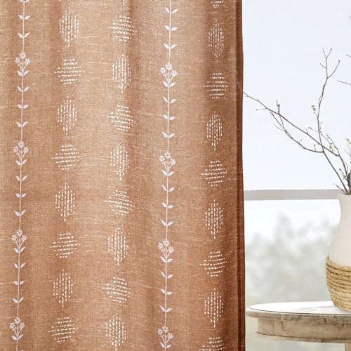 Hippie Boho Curtains 63 Inch Length Semi Sheer Terracotta Burnt Orange Vintage Linen Hippy Southwestern Window Curtains for for Bedroom Living Room - color: Terracotta, size: 52"W x 63"L (Pack of 2)