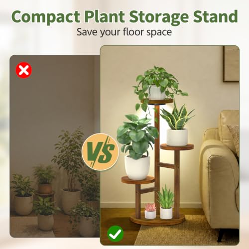 LASZOLA Wood Small Plant Stand Table Indoor Tall with Lights, 3 Tier Brown - color: Brown with Light, size: 3 Tier