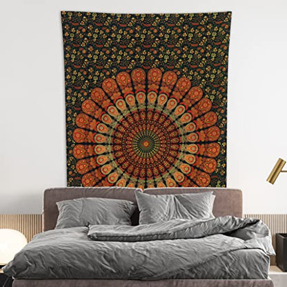 Bless International-Organic-Cotton-Golden-Green-Handmade-Mandala-Tapestry - color: Golden Green, size: 60"L x 54"W