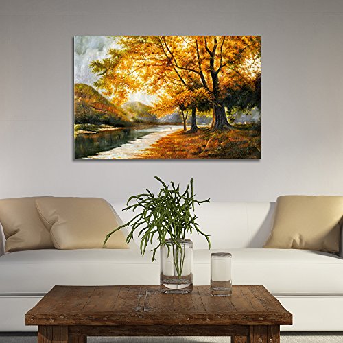 Wieco Art Giclee Canvas Prints Wall Art by Oil Paintings Reproduction Large Contemporary Autumn Trees Pictures for Living Room Bedroom Home Decorations Modern Wrapped Landscape Forest Artwork