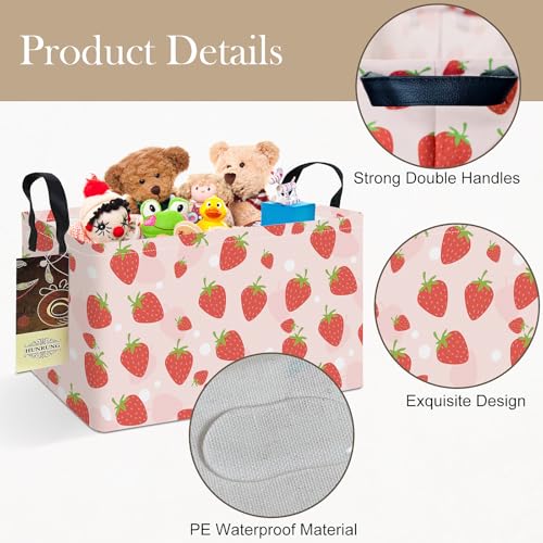 Rectangle Foldable Storage Basket Handles For Home, Pink Strawberry - color: REC-Pink Strawberry