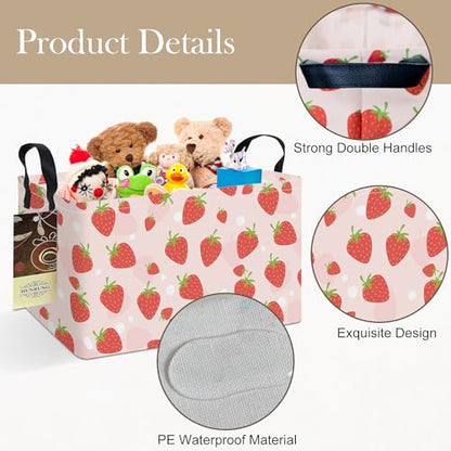 Rectangle Foldable Storage Basket Handles For Home, Pink Strawberry - color: REC-Pink Strawberry