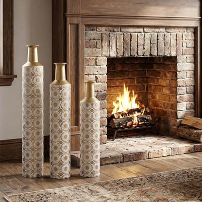 Metal Floor Vases with Embossed Leaf Pattern Set of 3, Tall Gold Decorative Vases for Living Room & Entryway, Large Modern Farmhouse Home Decor for Gold Geometric Floral