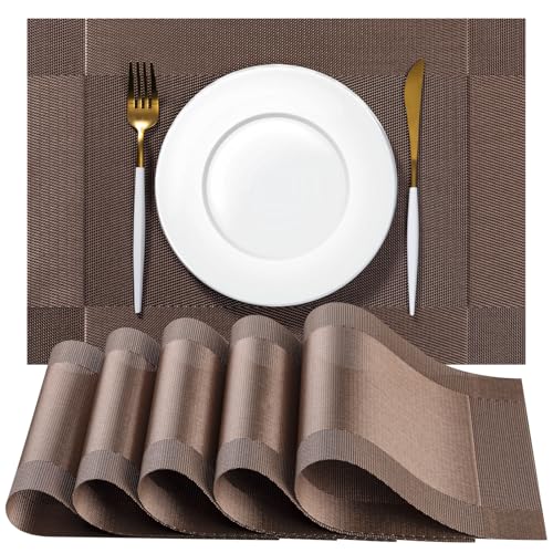 Placemats Set of 4 - Easy Clean Woven Vinyl Placemats for Dining Table, Indoor/Outdoor Place Mats, Washable PVC Table Mats（Brown Cube） - color: C-brown Cube