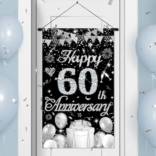 60th Anniversary Decorations Small Banner Black Silver Happy 60th Anniversary Door Hanging Banner Porch Front Door Decor for Women Men 60 Years Diamond Wedding Anniversaries Cruise Door Sign Supplies - color: Silver