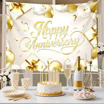Happy Anniversary Backdrop Banner White Gold Elegant Photography Background for Wedding Couples Party Decor 72x43 Inch