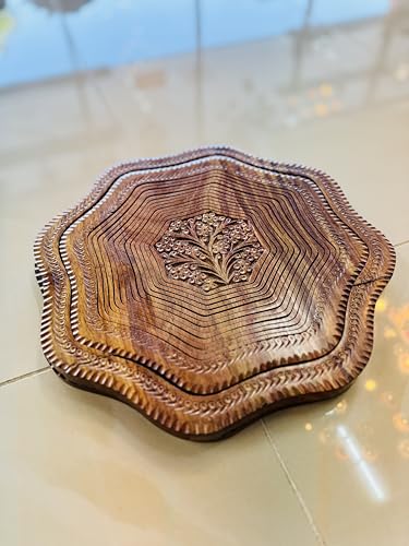 Handmade 14″ Collapsible Wooden Basket, Single Bowl Flower Design in Himalayan Rosewood, Fruit Basket, Bread Bowl & Trivet, Folds Flat for Easy Storage – Unique Centerpiece & Gift