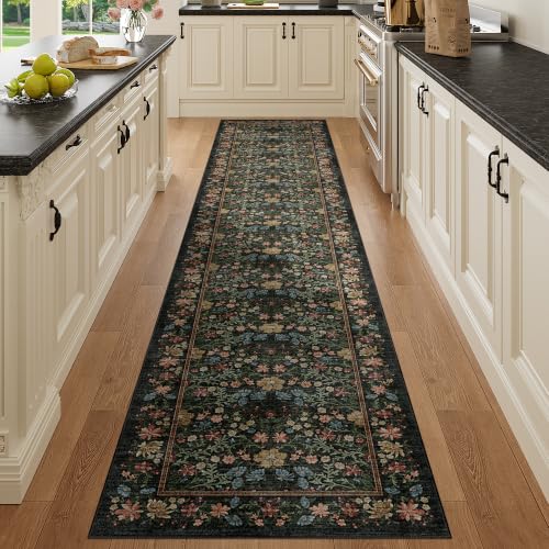 DUKINO 2x10 Runner Rug, Washable Vintage Floral Kitchen Rug, Black - color: Black, size: 2' x 10' (Rectangular)