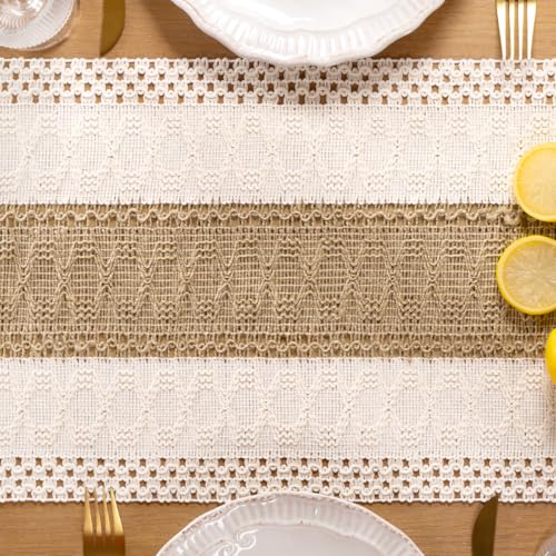 Boho Macrame Table Runner Jute Burlap Small Dresser Runner - color: Ivory and Brown, size: 12" × 90"