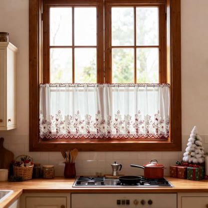 VOGOL Embroidered Lace Sheer Valance, Grommet Top, 55 x 24, 1 Panel, Red - color: Red