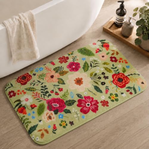 Floral Bathroom Rugs Cute Green Bath Mats, Flower Rug Non Slip Washable Green Bathroom Rug, Soft Small Bath Mat for Bathtub Floor - color: Floral Green, size: 1'5" x 2'3" (Rectangular)