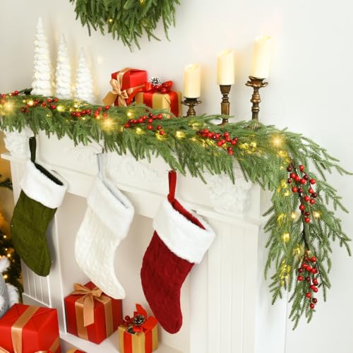 YoleShy 6FT Norfolk Pine Garland Christmas Garland with Lights Red Berry - color: Red Berry