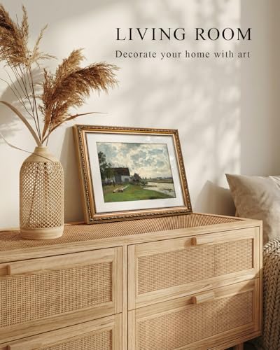 VIYYIEA Gold Framed Countryside Wall Art River Canvas Painting, 13×16 Inch - color: Riverside farmhouses, size: 16"L x 13"W