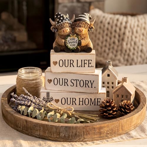 Yousoontic 4 Pcs Sweet Home Highland Cow Figurines, Rustic Farmhouse Decor - style: Home