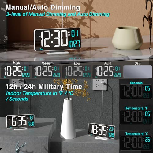 KOSUMOSU Digital LED Clocks for Bedrooms 6.7in White Alarm Clock, Dimming, 12/24h, Date, Day of Week,Temp,Desk Clock, LED Clock for Bedside, Digital Calendar Clocks for Living Room Essentials - color: White Clock(white + Blue Digits)