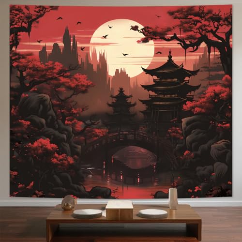 Avinyl Japanese Anime Tapestry for Bedroom Aesthetic, Black and Red Sunset Forest Wall Art Decor Tapestries, Dark Nature Landscape Mountain Backdrop for Living Room Girls Boys Dorm Office 51in X 60in - color: Japanese Tower Tapestry, size: 60"L x 51"W
