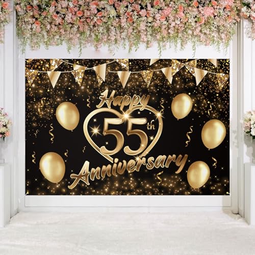 Happy 55th Anniversary Backdrop Party Decorations, Black Gold Glitter Bokeh Dots Valentine's Day Wedding Anniversary Party Photo Background Cake Table Banner Extra Large Wall Decor Props. 6 * 4ft (55) - color: 55