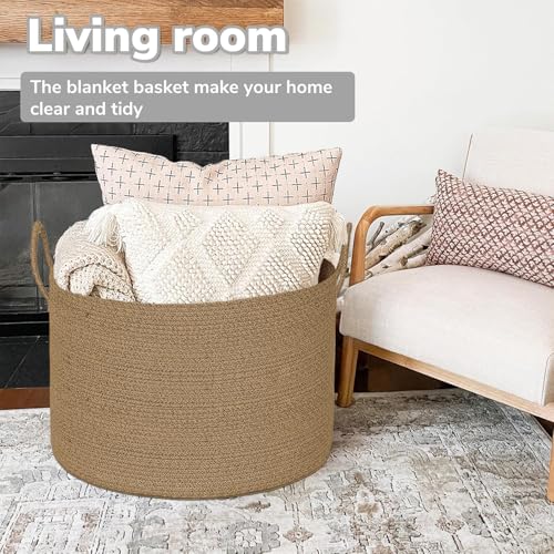 XXXXL Extra Large blanket basket with lid 21"x21"x18" blanket storage for living room,Large woven storage basket round laundry basket rope basket 115L (Jute) - color: Jute