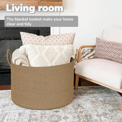 XXXXL Extra Large blanket basket with lid 21"x21"x18" blanket storage for living room,Large woven storage basket round laundry basket rope basket 115L (Jute) - color: Jute