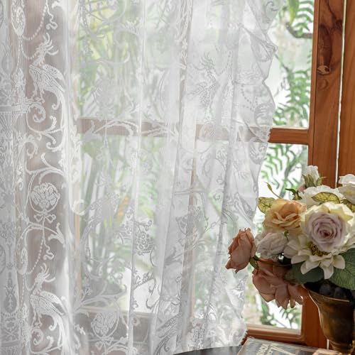 TUDECO White Lace Curtains 72 Inch Length, Vintage Floral, 2 Panels - color: White, size: 59"W x 72"L (Pack of 2)