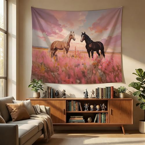 MKYFHSVGD Pink Wildflower Horse Tapestry Wall Hanging, Horse Decor for Girls Room, Pastel Floral Meadow Horses Wall Tapestry for Girls Bedroom Dorm Home Office Decorations, 50x60 Inch - color: Wildflower Horse
