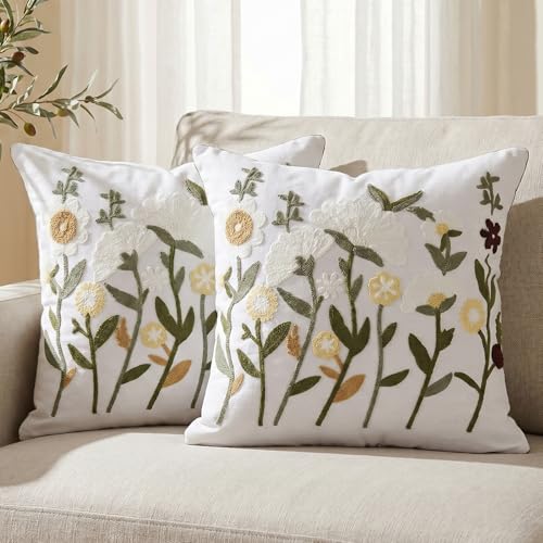 Neutral Daisy Floral Embroidered Pillow Covers 20x20 Set of 2 - color: White Green Camel, size: 20" x 20" (Pack of 2)