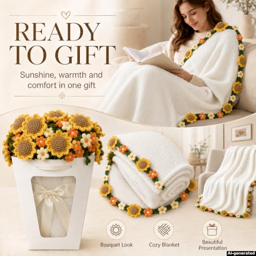 Sunflower & Puff Crochet Flower Bouquet Blanket, Knitted Throw Blanket - color: Sunflower & Puff, size: Large