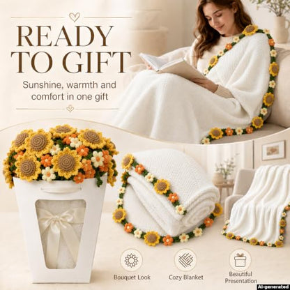 Sunflower & Puff Crochet Flower Bouquet Blanket, Knitted Throw Blanket - color: Sunflower & Puff, size: Large