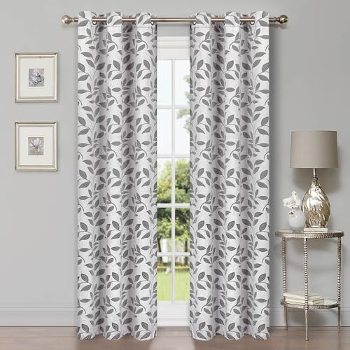 SUPERIOR Blackout Curtains, Room Darkening Window Accent for Bedroom, Sun Blocking, Thermal, Modern Bohemian Curtains, Leaves Collection, Set of 2 Panels, Grommet- 42 in x 84 in, Grey - color: Grey, size: 42"W x 84"L (Pack of 2)