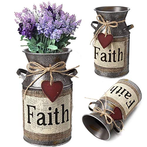 7.5" High Rustic Decorative Vase with Greetings and Rope Design, Metal Milk Can Country Jug for Living Room, Bedroom, Kitchen(Faith)
