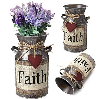 7.5" High Rustic Decorative Vase with Greetings and Rope Design, Metal Milk Can Country Jug for Living Room, Bedroom, Kitchen(Faith)