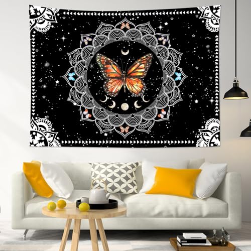 LB Boho Mandala Floral Butterfly Tapestry Wall Hanging, 60Wx40L Inches | Black and White Moon Phase Wall Decor, Bohemian Aesthetic Tapestry Wall Art, for Bedroom Living Room Bathroom Dorm - color: Orange, size: 40"L x 60"W