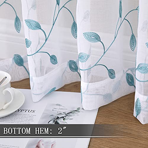 Tollpiz Leaves Sheer Tier Curtain Teal Blue Leaf Embroidery Kitchen Half Curtains Rod Pocket Voile Faux Linen Embroidered Leaves Curtain for Bathroom, 30 x 36 inches Long, Set of 2 Panels - color: Teal Blue, size: 30"W x 36"L (Pack of 2)