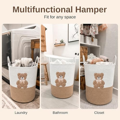 Teddy Bear Baby Laundry Basket, Tall Woven Rope Nursery Hamper, 20x15 in - color: Neutral Teddy