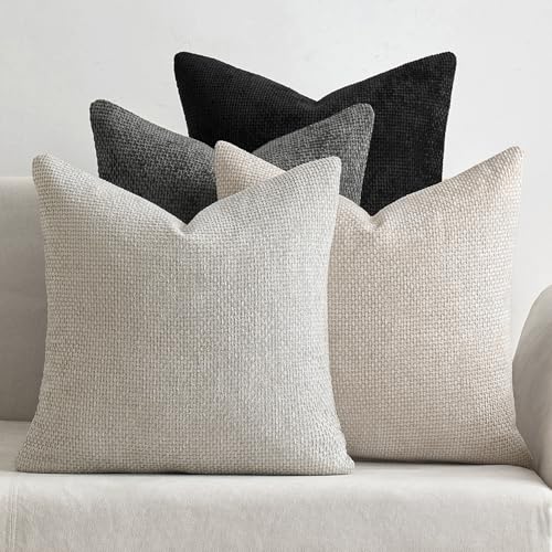 MIULEE Soft Decorative Chenille Pillow Covers Cream Grey 18x18 Pack of 4 - color: Neutral Cream/Grey, size: 18" x 18" (Pack of 4)