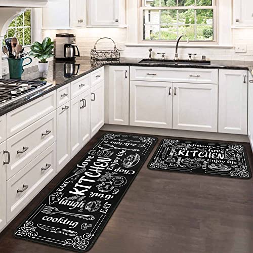 Black Chalkboard Kitchen Rugs Set of 2, Vintage Utensil Vegetable Print Water Absorbent Non Slip Kitchen Floor Mats, Farmhouse Runner Rug for Sink Laundry Room Decor, 17"x30"+17"x47" - color: Color-90