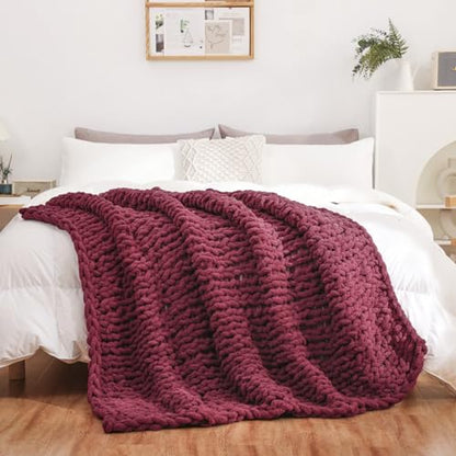 WESHIONGOO Chunky Knit Blanket Throw for Couch Bed 51"×63" Burgundy Red - color: Burgundy Red, size: 51"x63"(Large Size Throw)