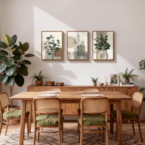 3 Pcs Framed Sage Green Boho Botanical Neutral Abstract Canvas Wall Art - color: Eucalyptus Bamboo Plant, size: 12"x16"x3Pcs